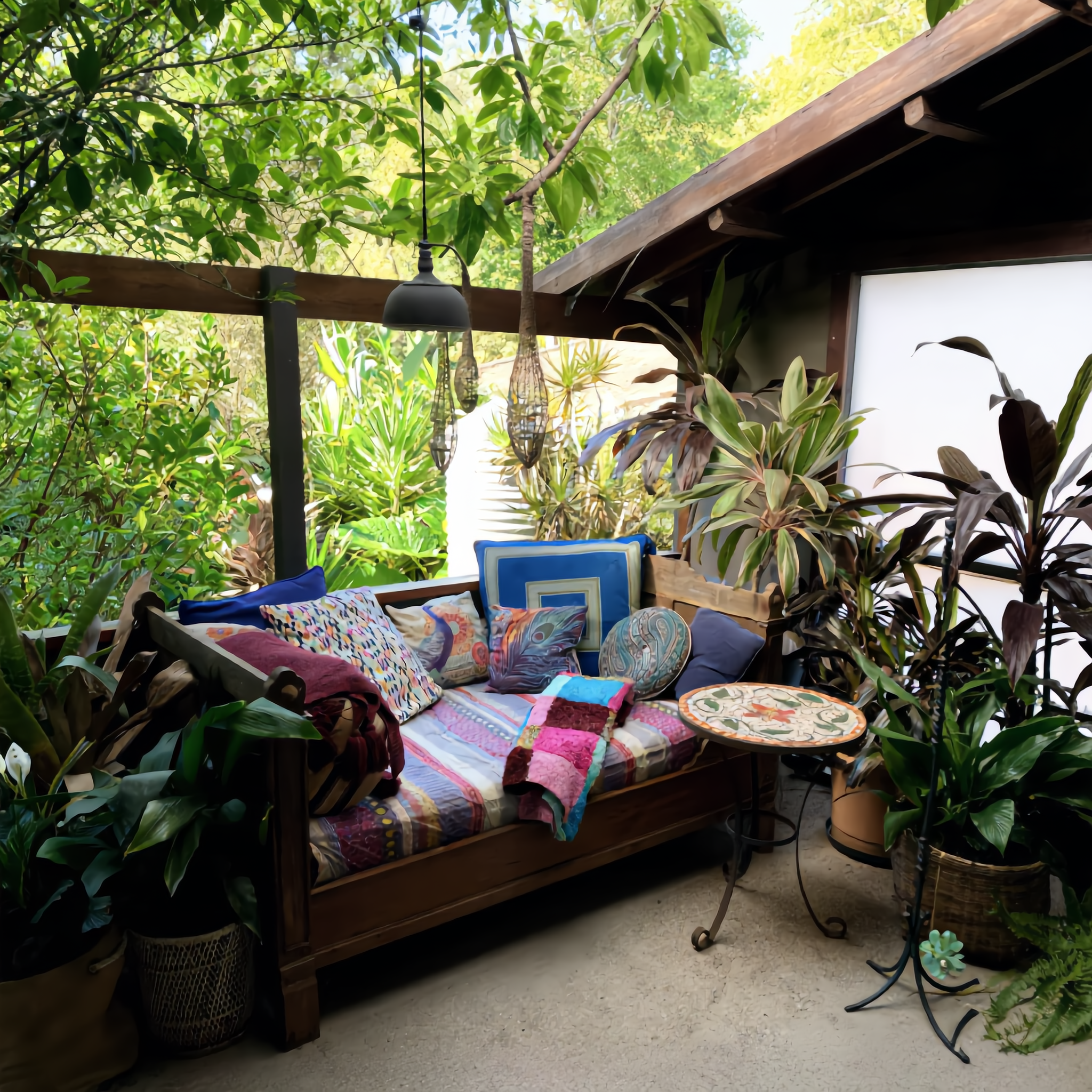A leafy outdoor dining space surrounded by trees